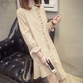Long-sleeve Plaid Asymmetric Shirtdress