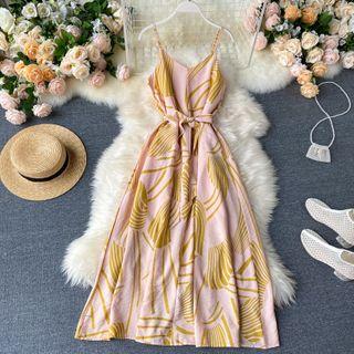 Spaghetti Strap Lead Print Midi A-line Dress