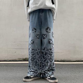 Butterfly Print Washed Straight Leg Jeans