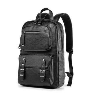 Faux Leather Multi-section Backpack Black - One Size
