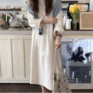 Long-sleeve Plain Linen Midi Shirtdress