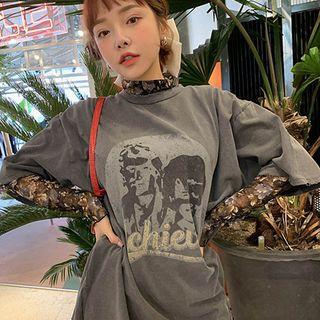 Elbow-sleeve Print T-shirt Dark Gray - One Size