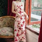 Sleeveless Floral Print Midi A-line Mesh Dress