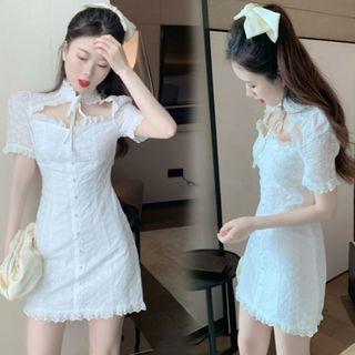 Mandarin Collar Cut-out Short-sleeve Mini Sheath Eyelet Dress