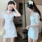 Mandarin Collar Cut-out Short-sleeve Mini Sheath Eyelet Dress