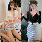 Color Block Zip Cardigan / Striped Spaghetti Strap Dress