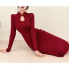 Long-sleeve Cutout Knit Midi Qipao Dress
