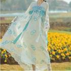 Long-sleeve Flower Embroidered Maxi Hanfu Dress