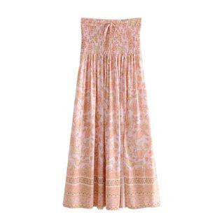 Strapless Floral Print Midi A-line Dress