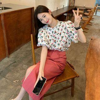 Floral Blouse / Slit Midi A-line Skirt