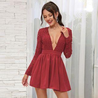 Long-sleeve Eyelet Lace Panel Mini A-line Dress