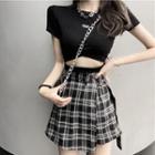 Short-sleeve Crop T-shirt / Plaid Mini Skirt
