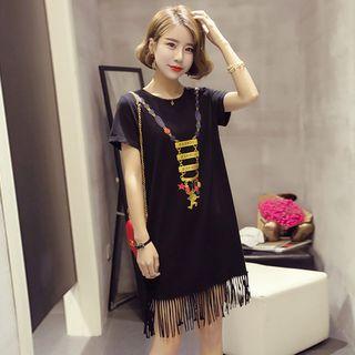 Print Fringed Short-sleeve Dress