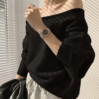 Off-shoulder Long-sleeve Plain Sweater