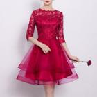 Crochet Lace Panel Elbow-sleeve Short Prom Dress