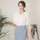 Puff-sleeve Faux-pearl Button Blouse