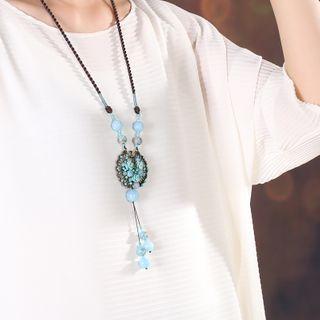 Retro Flower Gemstone Pendant Necklace Blue - 85cm