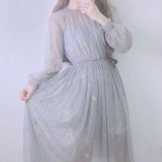 Set : Embroidered Mesh Long-sleeve Dress + Spaghetti Strap Dress