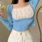 Long-sleeve Mesh Panel Knit Crop Top Blue & White - One Size