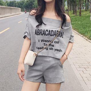 Set: Lettering Short-sleeve Cold Shoulder Top + Plaid Shorts