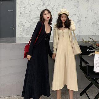 Set: Spaghetti Strap Lace-up Midi A-line Knit Dress + Cardigan