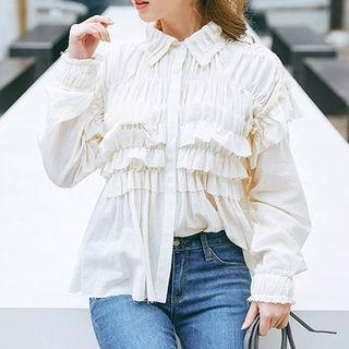 Frill-trim Smocked Cotton Blouse