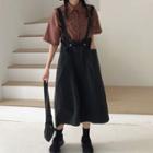 Elbow-sleeve Plaid Shirt / Midi A-line Suspender Skirt
