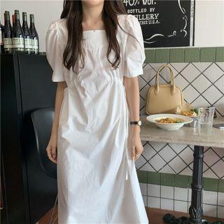 Puff-sleeve Square Neck Drawstring A-line Midi Dress