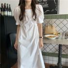 Puff-sleeve Square Neck Drawstring A-line Midi Dress