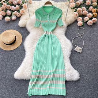 Lapel Color Block Striped Short-sleeve Knit Dress