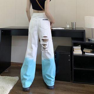 Mid Rise Distressed Ombre Wide Leg Jeans
