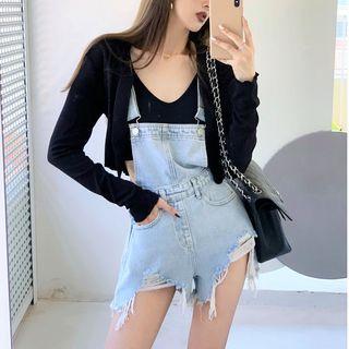 Plain Cropped Light Cardigan / Distressed Denim Jumper Shorts