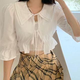 Puff-sleeve Wide Collar Tie-front Crop Top