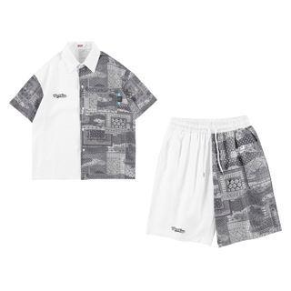 Set: Short-sleeve Paisley Print Panel Shirt + Shorts