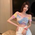 Short-sleeve Tie-dyed Crop Top Blue & Yellow & Pink - One Size