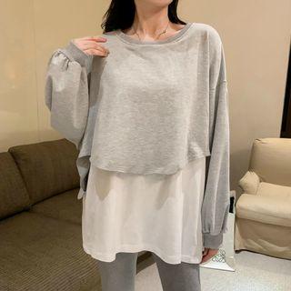 Set : Mock Two-piece Plain Top + Sports Pants