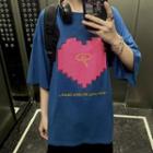Short-sleeve Heart Print T-shirt Blue - One Size