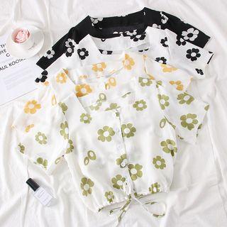 Tie-hem Flower-print Chiffon Crop Blouse