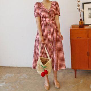 Plunged-neck Short-sleeve Gingham Midi Dress