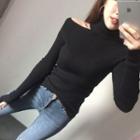 Turtleneck Cutout Ribbed Knit Top Black - One Size