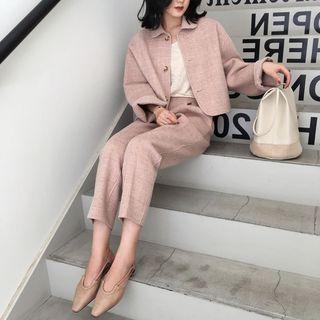 Set: Plaid Buttoned Jacket + Cropped Straight-fit Pants