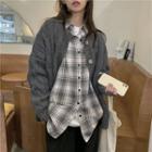 Plaid Long-sleeve Shirt / Plain Knit Cardigan