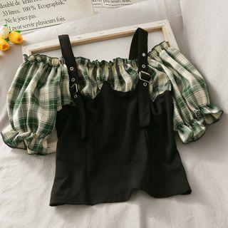 Patchwork Off-shoulder Crop Top