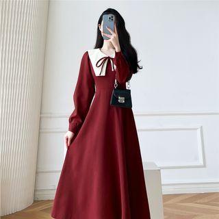 Long-sleeve Collar Maxi A-line Dress