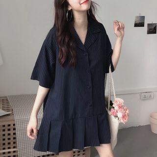 Pinstriped Short-sleeve Lapel Collar Shirtdress