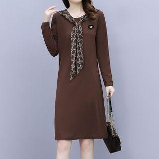 Print Panel Tie-neck Midi A-line Dress