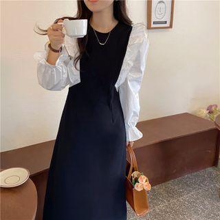 Long-sleeve Mock Two-piece Midi Dress Black - One Size