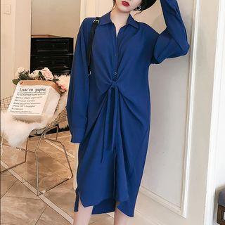 Long-sleeve Knot Front Shirt Dress