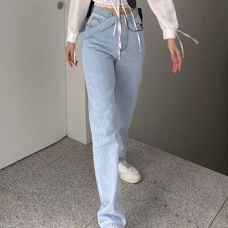 Strap-detail Washed Straight-leg Jeans