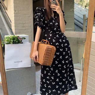 Short-sleeve V-neck Floral Midi A-line Dress White Floral - Black - One Size